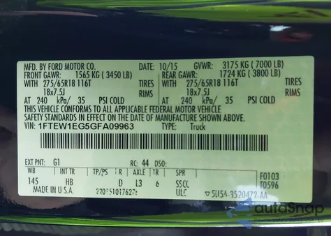 2016 Ford F-150 Lariat из США, поврежденный, VIN 1FTEW1EG5GFA09963